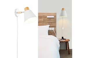 Hefoklu White Plug in Wall Sconces with Switch for Bedroom, Modern Rotation Wall Lamps Up Down E27 Mounted Fixture Wood Metal Lighting Bedside Reading Lights for Kids Bedroom, Living Room