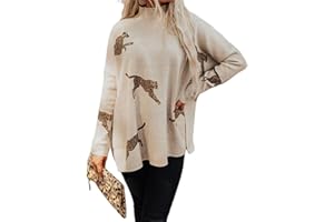 LUREBEST Casual Long Sleeve Top with Retro Tiger and Leopard Print, Women's Turtleneck Sweatshirts, Knit Long Sleeve Side Slit Casual Pullover Sweatshirt Tops