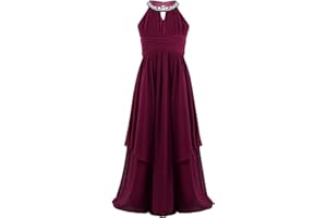 iEFiEL Mädchen Kleider Festlich Neckholder Strass Prinzessin Kleid Blumenmädchenkleid mit 2 Lage Rock Hochzeit Partykleid Lang Faltenrock Gr. 116-176