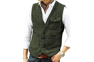 Solovedress Mens Vintage Wool 3 Real Pockets Suit Vest V Neck Tweed Waistcoat for Wedding Groomsmen