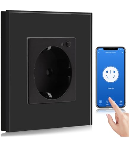 BSEED Normaal Stopcontact met Dubbel Slimme Lichtschakelaar Zwart,1 Voudig WiFi Wandschakelaar compatibel met Alexa en Google Home,APP-afstandsbediening,16A Schuko Stopcontact(vereist neutrale Draad