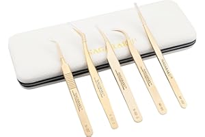 NAGARAKU Wimpernpinzette 5-teiliges Set Professionelle Präzisionspinzette Gerade Gebogene und Volumen Fächer Pinzetten Gold Edelstahl Präzise Schließung Leicht Dünn mit Spitze Schutzkappen In Lederbox