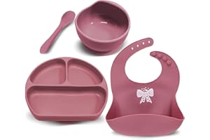 Miracle Baby Set Pappa Svezzamento Silicone Piatto con Ventosa per Bambini Ciotola Antiscivolo Bavaglino et Cucchiaino Set Prima Pappa per Neonato, Senza BPA e Anti Odore 4in (1, Rosso)