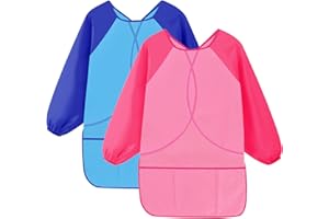 Hanunalir Kids Paint Apron, 2PCS Kids Art Aprons for Age 7-12 Years Girls Boys, Waterproof Kids Art Smock with Long Sleeve and Pocket for Painting, Craft, Water Play, Eating(Blue+Pink)
