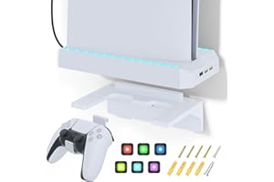 Aukuoy Wall Mount Kit for PS5 Slim Accessories: RGB Wall Mount Bracket with 2 Removable Controller Holder, LED Wall Mount Stand with 3 usb ports for PS5 Slim Disc/Digital Console