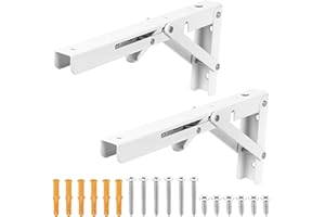 SIGULIKEJI 2 Pcs Escuadras Abatibles 255mm, Escuadras para Estanterias de Pared, Soporte de Estante Plegable, Soporte Estantería Plegable, Escuadra Plegable para Mesa Plegable Pared Oficina Cocina, Blanco