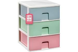 Cajonera Plástico 3 Cajones Multicolor Blanco - Organizador Almacenamiento Ropa Dormitorio Escritorio - 37x38x47.3cm - Montaje Fácil - COM-FORT HOUSE