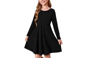 Haloumoning Vestido de niña de cuello redondo de manga larga para niños, monocolor, línea A, vestido informal, elegante, informal, vestidos de fiesta 5-14 años