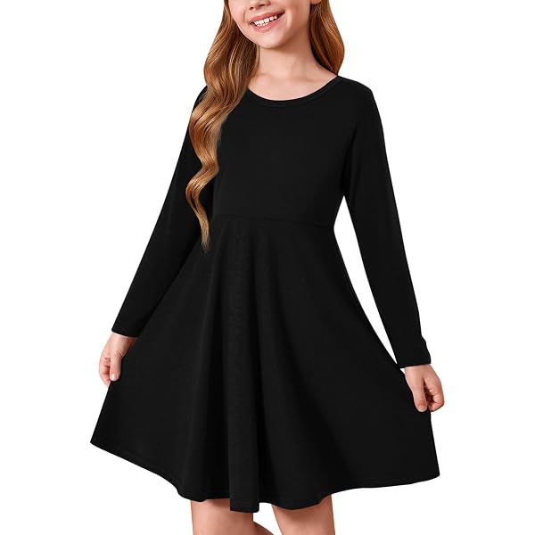 Robe Fille Élégante Manches Longues – Trapèze Plissée, Col Rond, Fluide Midi, Look Décontracté Chic