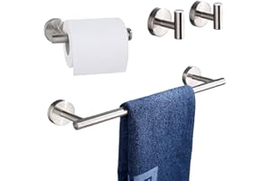 Betadistor Toilet Roll Holder Set, 4 Pieces Wall Mounted Bathroom Accessory 16 inch Toilet Paper Holder + Stainless Steel Towel Rail +2 Coat Hooks, Modern Bathroom Hardware Polished, Silver, 110403
