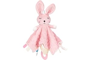 ZIGJOY Baby Comforter with Crinkle Foil and Bell Cuddle Blanket with Tags Taggy Blanket Taggie Gift for Newborn Baby Boys Girls, Pink Bunny