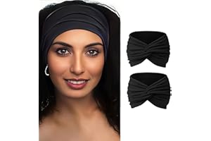 Yyyuluo Bandeau Cheveux 2 Pièces Style Croisé Noué Sans Couture en Fibre Douce Serre Tête Élastique Confortable pour Femme Yoga Sport Vintage Boho (Noir)