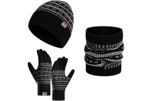 INSISMY Winter Beanie Hat Scarf and Touch Screen Gloves Set Knitted Hats Thermal Gloves for Men Women Neck Warmer 3 PCS Skull Cap Thick Fleece Lined Unisex Dotted Stripe