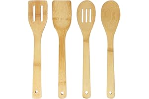 JOEJI'S KITCHEN Joejis Ustensiles de Cuisine Bois de Bambou Ensemble Cuisine en Bois 4 ustensiles de qualité: cuillère en Bois Spatule en Bois Cuillere en Bois & Spatule Bois à égoutter