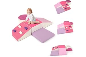 HOMFME Parcours Motricité Bébé en Mousse 6 Pièces, Blocs d’Escalade avec Housse en Cuir et Attaches à Crochets et Boucles, Aire de Jeux à Différentes Formes, Idéal pour Enfants 3 Ans Plus (Rose)