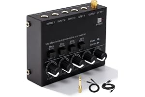 4-kanals stereo ljudmixer, aktiv mixer med 6,35 mm ljudkabel och 3,5 mm till 6,35 mm adapter, 4-kanals stereo ljudmixer med 4 ingångar och 1 mikrofonutgång