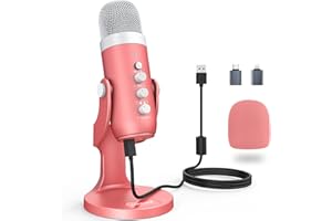 zealsound USB Microphone, Noise Cancelling Desktop Condenser Mic for PC/iPhone/Android, for Podcast, Gaming, ASMR, Streaming, Zoom, YouTuber on Windows PS5, Incl. USB-C & Lightning Adapter, k66 pink