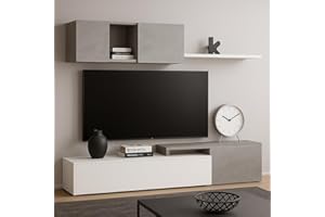 ARREDITALY Parete Attrezzata Mobile Soggiorno TV con Mensola Pensile Salotto Legno Base Televisione Sala da Pranzo Design Moderno Modulare Reversibile Adelaide 201 x 41 x 44 Cm (Bianco E Grigio Cemento)