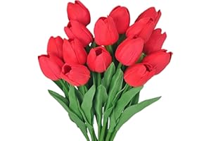 GIUSOBG Flores de tulipán Artificiales 15Pzs Tulipanes Artificiales en látex 34cm Flores Ramos de Tulipanes realistas para Ramos de Boda, Hotel (Rojo)