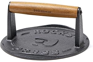 ROCKSHEAT 7 Inch Bacon Press, Heavy Duty Cast Iron Grill Press, 2.5 lbs Round Smash Burger Press with Wood Handle & Raised Edge, Food-Grade Griddle Press for Hamburger Bacon Seared Steak Sandwiches and Panini