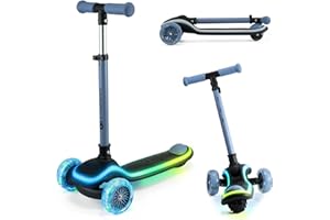 KK KINDERKRAFT Kinderkraft RAKET Monopattino Bambini 2+ Anni a 3 Ruote con Luci LED RGB – Leggero e Pieghevole, Manubrio Regolabile, Sistema di Equilibrio, Freno Sicuro, Blu