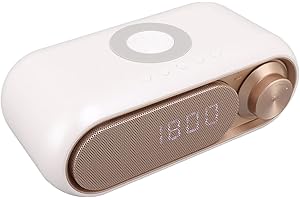 ZERODIS Reloj Despertador Digital, Radio Reloj Despertador con Altavoz Bluetooth de Carga Inalámbrica LED Reloj Despertador Digital Simple y Moderno Altavoz de Radio FM con Cargador (Spray Blanco Oro 10W)