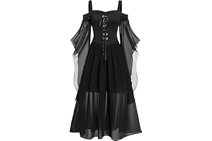 CHARMMA Gothic Halloween Kleid Kostüm Damen,Übergröße A-Linie Schnüren Maxi Kleider mit Schmetterlingsärmeln für Frauen,Festliches Vintage Schwarz Hexenkleid Cosplay Club Party Dress