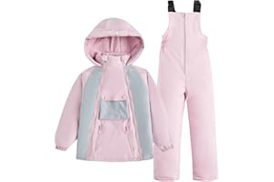 JiAmy Combinaison de neige 2 pièces pour enfants avec veste matelassée à capuche et pantalon à bretelles – Tenue ultra légère pour garçon et fille