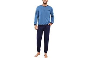Bresdk Pijama Hombre Invierno Algodón Ropa de Dormir Camiseta de Manga Larga Largo Pantalón Pijama para Hombre S-3XL
