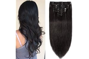 ELAILITE Rajout Cheveux Naturel a Clip Extension Vrai Cheveux Humain Naturel 8 Mèches - Epaisseur Moyenne (#1B NOIR NATUREL, 33cm-80g)