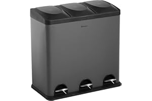 Homra Mülleimer Küche Maxer | Mülltrennsystem 60l | Mülleimer 3 Fächer | Edelstahl Mülltonne 3x20l | Abfalleimer Küche | Treteimer 3 Inneneimern | Tretmülleimer Recyclingeimer | Papierkorb | Grau