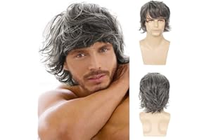 QNBIAR kurze Herren graue Perücke natürliche geschichtete flauschige Perücke synthetische Halloween Cosplay Perücke Haarersatz Perücke für Männer