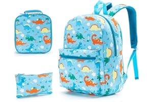 Hixingo 3-in-1 School Bags for Girls and Boys - Backpack Set with Lunch Bag and Pencil Case (Dinosaur, 40x28x13cm)