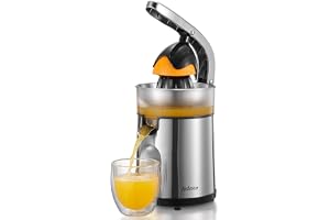 85 W elektrisk citruspress i rostfritt stål med 2 koner, transparent tank, kraftfull extraktion, lätt att använda och rengöra
