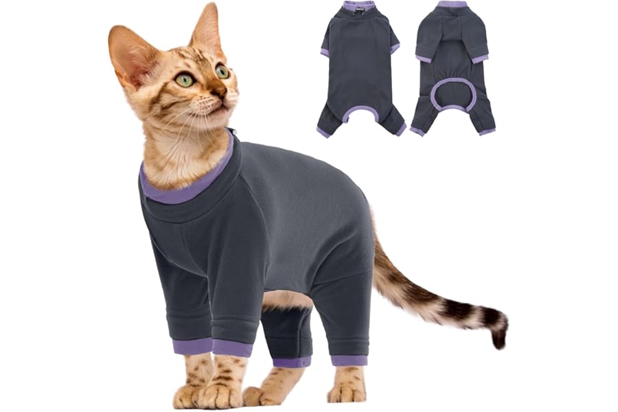Cat Recovery Suit with Legs, Stretchy Surgical Recovery Suit Cute Cat Clothes Indoor Soft Fleece Material for Comfort and Warmth for Pets(Black, M)