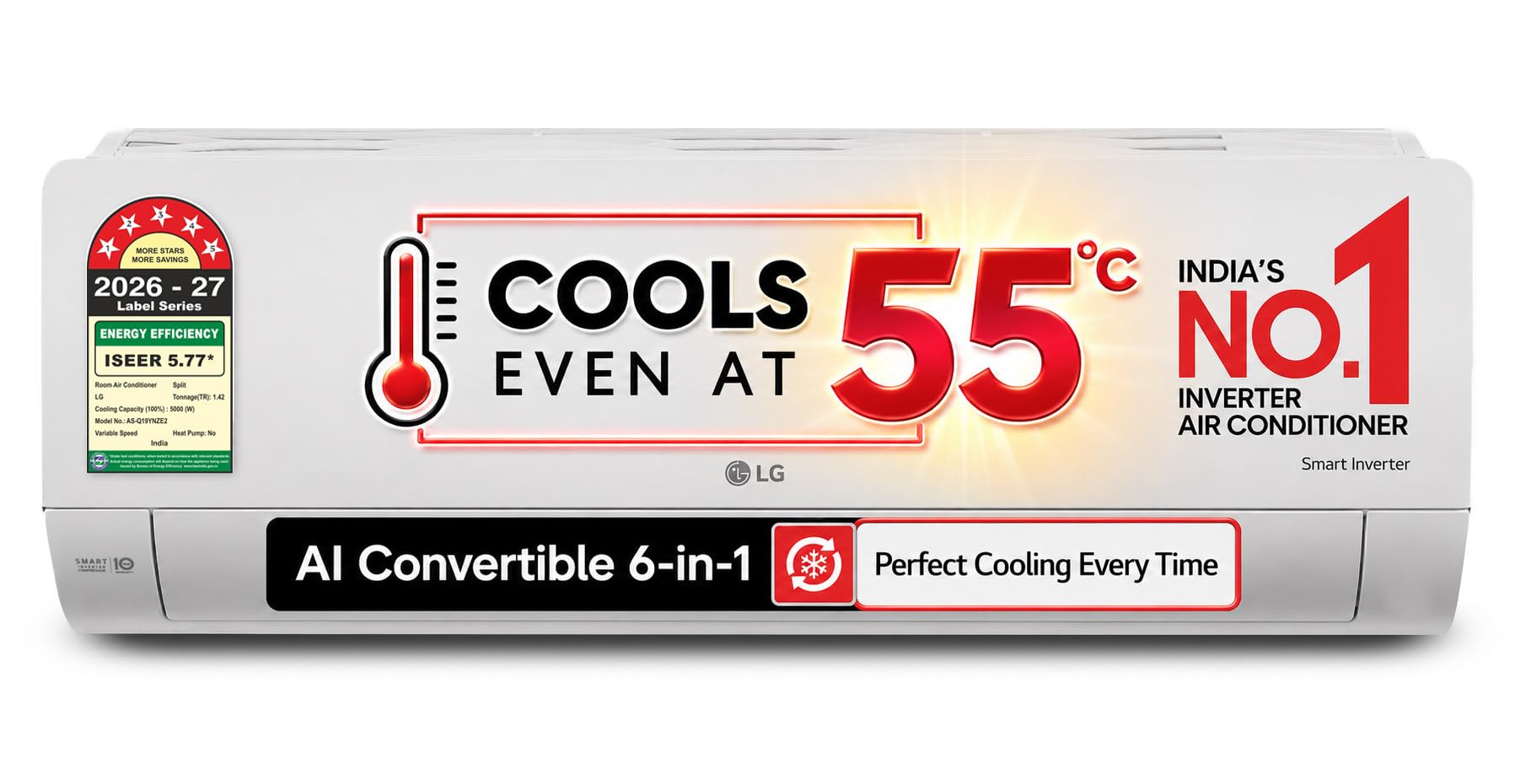 LG 1.5 Ton 5 Star,100% Copper Tubes, Inverter Split AC (AI Convertible 6in1, Energy Saving & Faster Cooling at 55℃, 4 Way Swing, Allergen Protection,