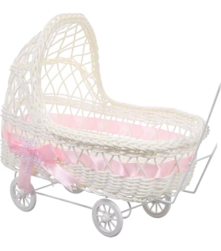 2 Cestini Intrecciati A Forma Di Carrello Per Feste, Baby Shower, Caramelle, Decorazioni In Rattan, Celeste, 24x17x14 Cm