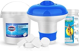 BILIVRY Hot Tub Chlorine Tablets for Swimming Pool, 220G Chlorine Tablets with Floating Dispenser Pool Test Strips for Swimming Pool Paddling Pool Spa Bathtubs Pool Water Cleaning Kit