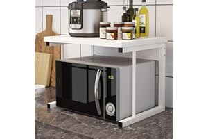 QIHANG-UK 2-Tier Microwave Oven Shelf Stand, Standing Baker's Rack, Over Microwave Shelf Unit, Kitchen Countertop Organizer, Kitchen Storage Shelf with Wood Top Metal Frame (White)