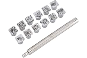 EJOYOUS Juego de estampación de piel, 12 piezas, herramienta de punzonado, dinastía Tang, flor DIY vegetal, estampador de piel + 1 mango de metal, estampado de flores para artesanos y trabajadores de cuero