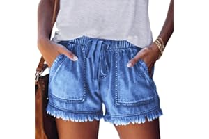 NLAND Short d'Été Décontracté en avec Cordon Et avec Poche pour Femme Short en Jean Décontracté à Franges pour Femme Couleur Unie Short Plage