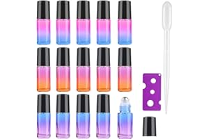 15 botellas de aceite esencial de 5 ml – JamHooDirect rellenables de vidrio arcoíris con bolas de rodillo de acero inoxidable y tapas negras y abrebotellas, perfecto para aromaterapia, fragancia, es**