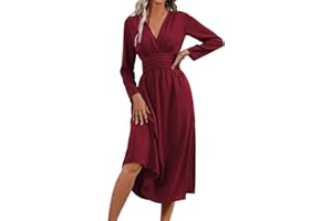 LIAMERHE Robe Hiver/Été Femme Élégante Col en V Manches Longues/Courtes Robes Casual Solide Taille Haute Ligne A Robe Longue Dress de Mariage Décontractée