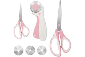 MANUFORE Set de Ciseaux de Couture et Cutter Rotatif Rose，Ciseaux à Tissu Polyvalents 26cm+14cm et Cutter Rotatif 45mm avec 3 Lames Rondes de Rechange pour Tissu, Papier, Cuir,Toile, Scrapbooking