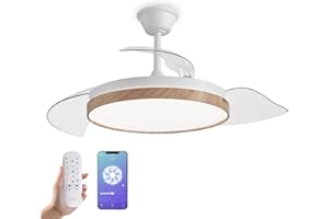 YOEVU NATURE - Ventilador de Techo con luz | 72 W | Compatible con Alexa y App | Luz LED Regulable | Aspas Retráctiles | Función Invierno/Verano, Madera, ABS