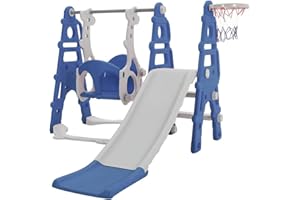 FUKEA Kids Slide, Large 4 in 1 Toddler Slide, Climber & Swing Set with Basketball Hoop, Garden Climbing Frames, Slide for Children Age 1-3 Indoor & Outdoor, for Kids (Blue)