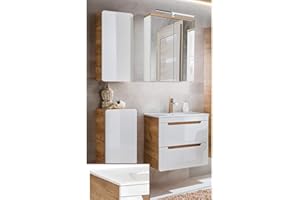 ‎LOMADOX Lomadox Badezimmermöbel Set in Hochglanz weiß mit Wotan Eiche Nb., 60 cm Keramik-Waschtisch mit Unterschrank, LED-Spiegelschrank, Unterschrank & Hängeschrank