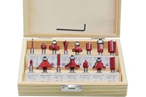 LFSEMINI 1/4 inch Router Bit Set, 15pcs 6.35mm Shank Tungsten Carbide Tipped Router Bit Set with Wooden Box, Double Flute Wood Milling Saw Cutter, for Handwork and DIY