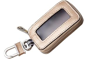 Esdrem Unisex Genuine Leather Car Key Holder Zippered Key Chain Case Pouch with Clear Window Gold