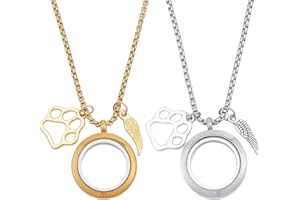 DELORIGIN 2Pcs Pet Hair Memorial Necklace Stainless Steel Fur Ashes Keepsake Necklace Clear Glass Locket Necklaces with Wing & Paw Cat Dog Urn Picture Memorial Jewelry for Women Men Personalised Gift